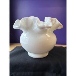 White Milk Glass Ruffled Rose Bowl Vase Fenton Style Cottagecore
